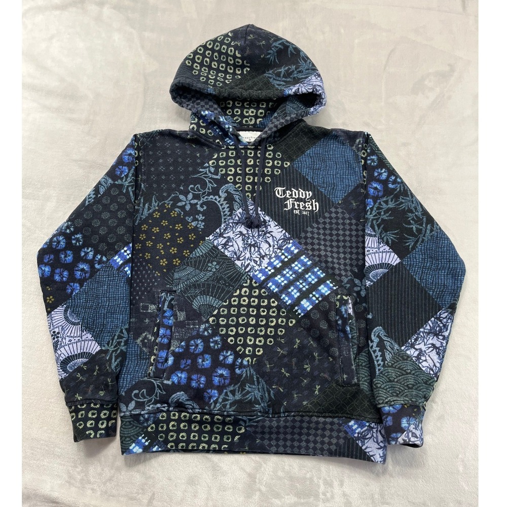 Teddy Fresh Fleece Hoodie Men Medium Blue Japanese Print Streetwear Skate